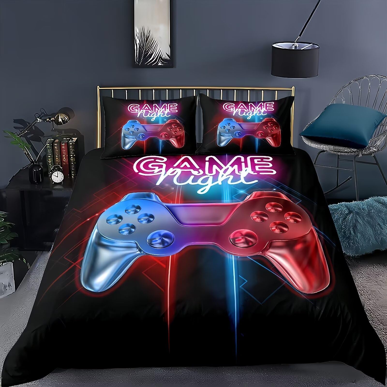 Tabeskly Boy Red Black Gaming Bedding Duvet Cover Set Double, Kids Gamepad Gamer Soft Zipper Childrens Full Bed 3 Piece Quilt Covers and Pillowcases 200×200cm