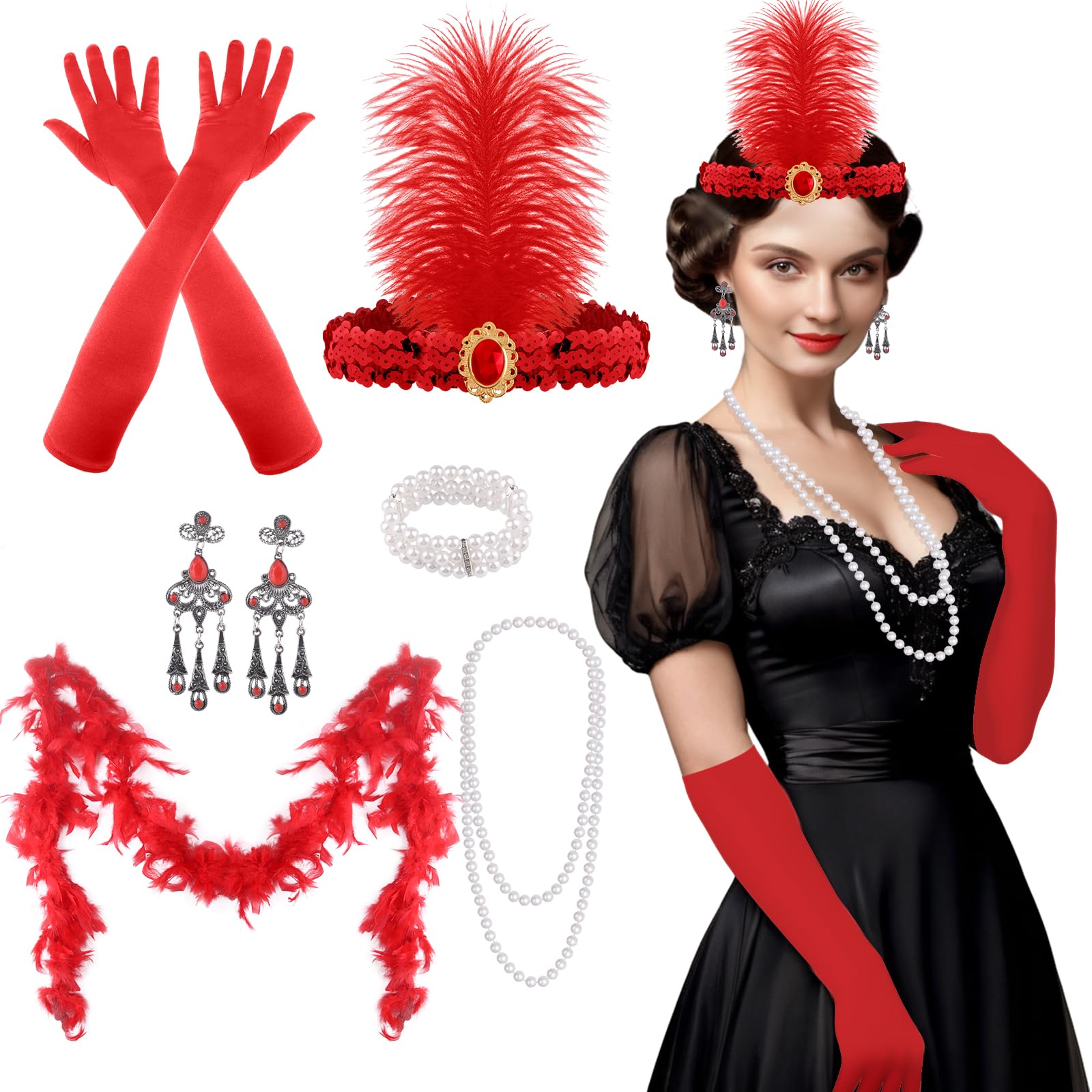 FEPITO 9 Pcs 1920s Accessories Set Flapper Headband Necklace Earrings Long Red Gloves Boa Theme Party Accessories for Women（Set F）