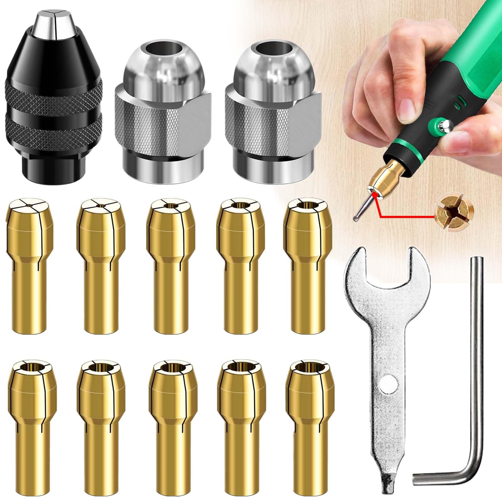 Soundzero 15 Pieces Brass Chuck, Drill Chuck Plier Set with Wrench 1/32'' to 1/8'' Chuck, Brass Quick Change Chucks, Drill Attachments for Electric Drill, Drill Adapter(0.5-3.2mm)