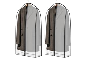 Zilink Breathable Garment Bags for Leather Coat 43” Suit Bags for Closet Storage Silky Suit Dust Covers for Hanging Clothes with 7" Gussted Wrinkle Free for Leather Clothing, Fur Coat, Dress, Set of 2