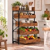KCZDXH 5-Tier Wood Fruit and Vegetable Storage Rack with 4 Pull-Out Drawers | kitchen storage and snack organizer Basket Stand，Adjustable Feet,for Kitchen, Living Room, Bedroom,Rustic Brown