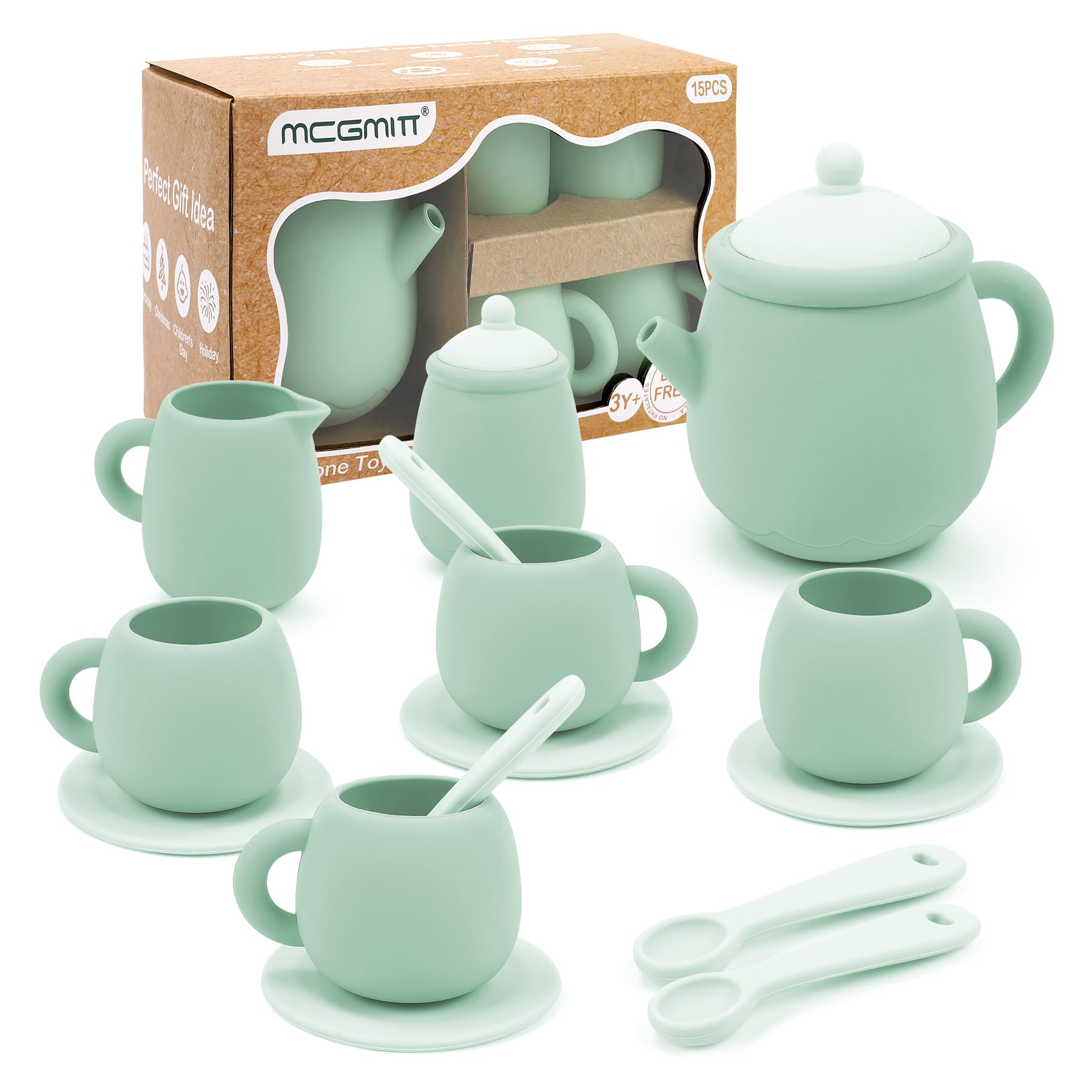 MCGMITT Silicone Tea Set, 15PCS Kids Tea Party Set for Little Girls Boys BPA Free Pretend Play Kitchen Accessories Toddler Afternoon Tea Set Toy Girls Boys Children Birthday Gifts for 3 4 5 Years