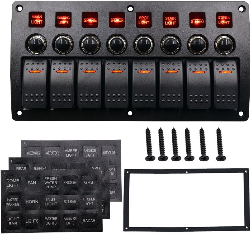 WUPP Boat Rocker Switch Panel Waterproof 8 Gang 3PIN & Circuit Breaker Overload Protection LED Switch Panel DC12/24V ON-Off Aluminium Switches for Marine RV Car Truck Trailer, Christmas Gift Idea: Industrial & Scientific