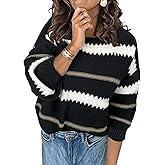 Libsorge Womens Oversized Cute Striped Sweater Fall Winter Casual Chunky Knit Crewneck Color Block Long Sleeve Pullover Tops