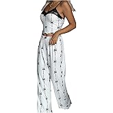 Milumia Women's 2 Piece Pajama Sets Striped Bow Print Lace Trim V Neck Cami Crop Top Pants Pjs Sets