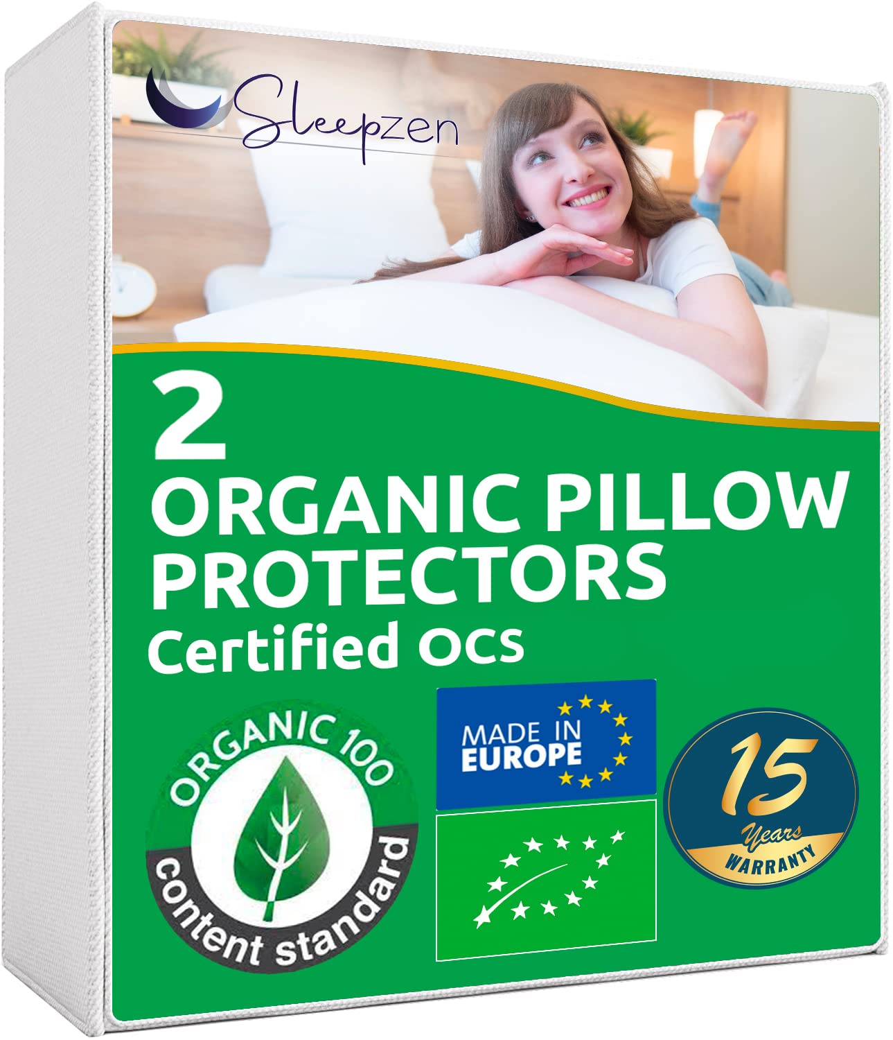 SLEEPZEN Pillow Protectors 40x60 cm OCS® Certified Organic Cotton, Non-Waterproof, Set of 2, Made in Europe, Breathable and Absorbent Cotton Fleece, Pillow Cover, Envelope Closure
