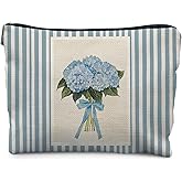 Likjad Blue Hydrangea Makeup Bag, Coquette Bow Floral Cosmetic Bags for Women, Blue Striped Hydrangea Flower Makeup Pouch, Floral Zipper Pouch