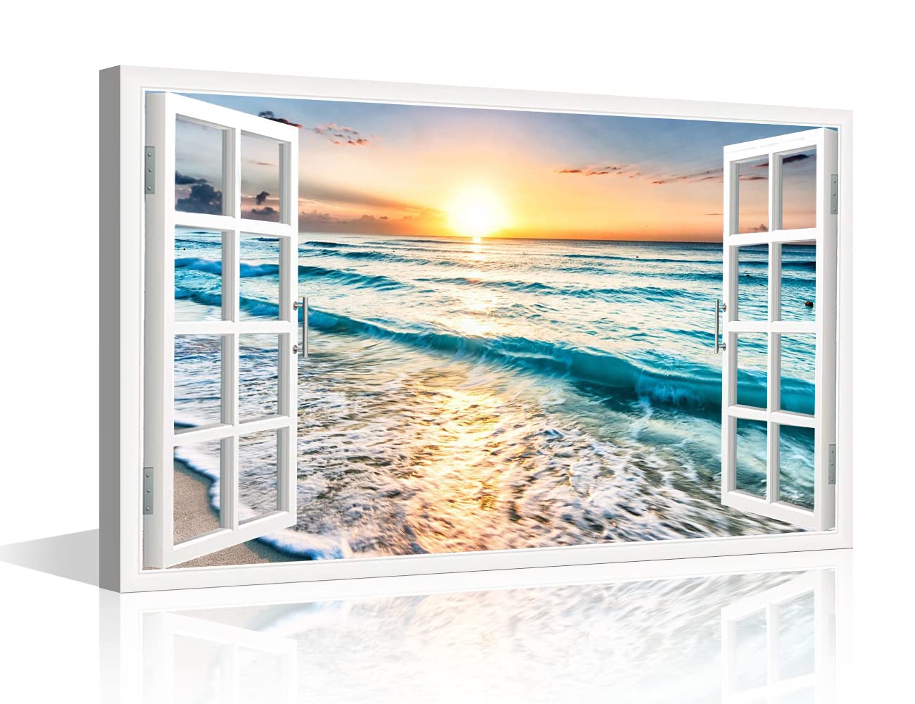 TISHIRON 3D Window View Canvas Wall Art Blue Ocean Wall Decor White Beach Modern Family Wall Decor Hang Pictures for Living Room Bedroom Office Posters Prints Framed Ready to Hang - 12" W x 18" H