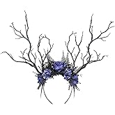 MOSTORY Handmade Black Branch Headband Gothic Woodland Antler Headpiece Fairy Forest Flower Crown for Women Girls Renaissance Halloween Elf Cosplay Party Photo Prop Blue
