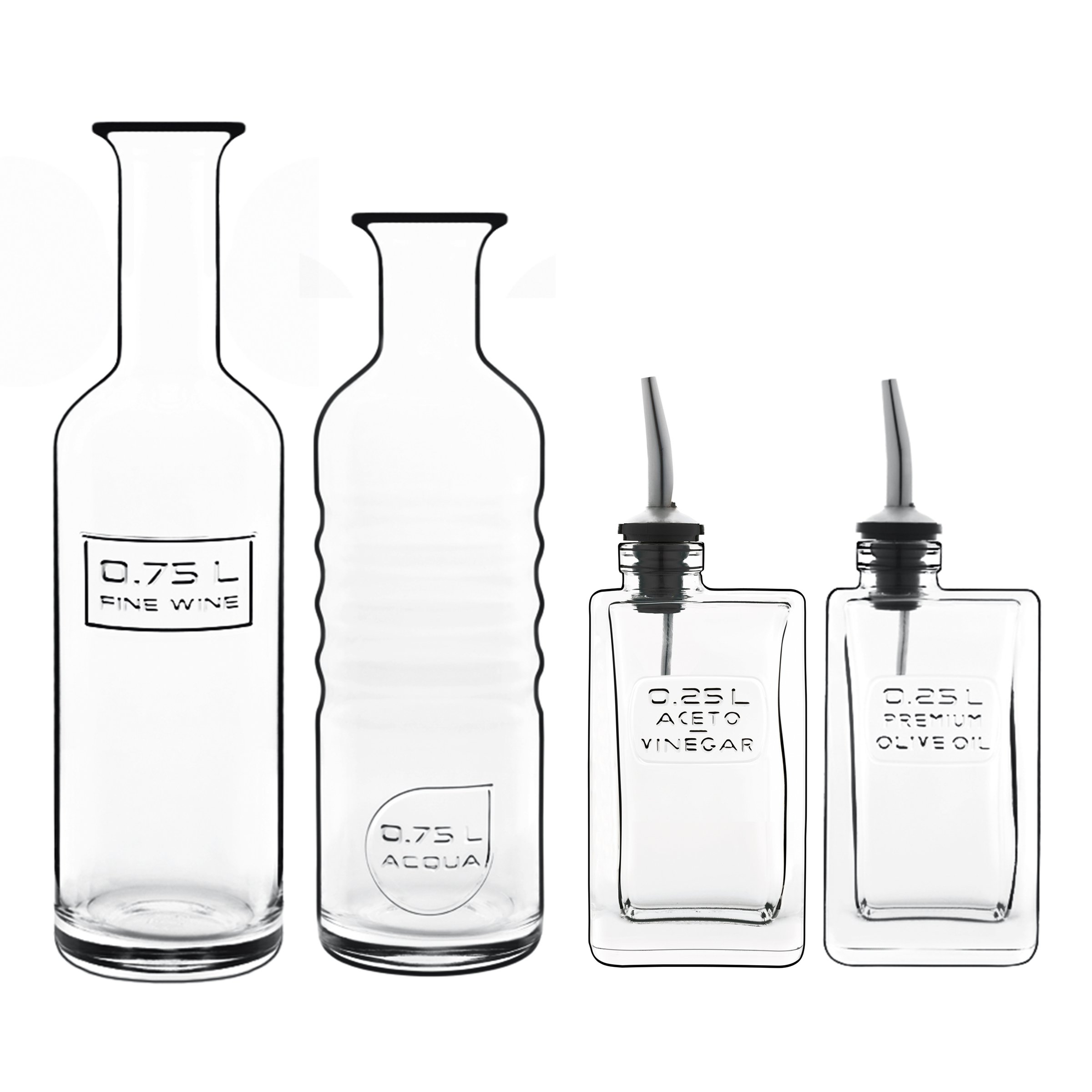 Luigi Bormioli - Optima Eco-conscious Serving Set - Water, Wine, Oil and Vinegar, Recyclable Glass Bottles, Set of 4, 2 x 750ml, 2 x 250ml