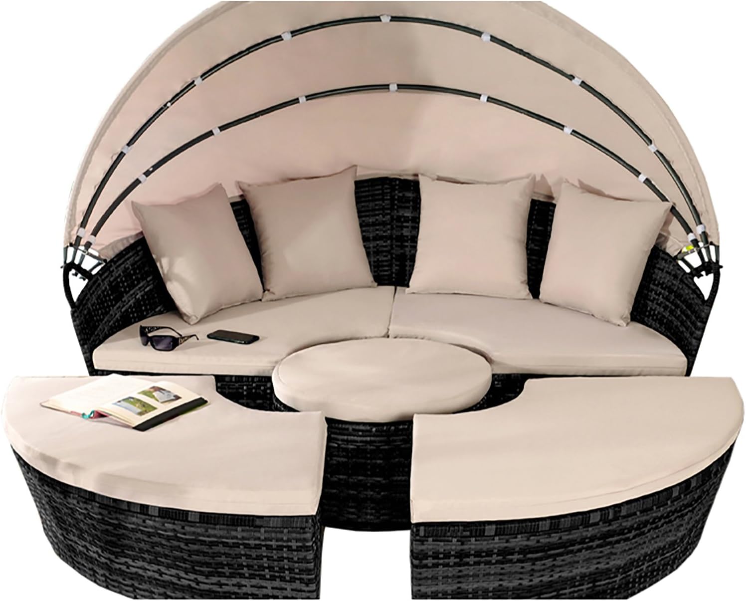 Comfy Living Rattan Day Bed Sun Lounger 160cm with Folding Canopy Patio Set (Without Cover, Black)