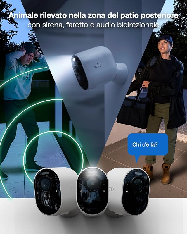 Pro 6 Telecamera WiFi Esterno Senza Fili, 2K+ HDR, rilevamento AI, visione notturna a colori, compatibile con Alexa, Prova Inclusa Secure, 4 telecamere + 1 batteria aggiuntiva e caricatore doppio