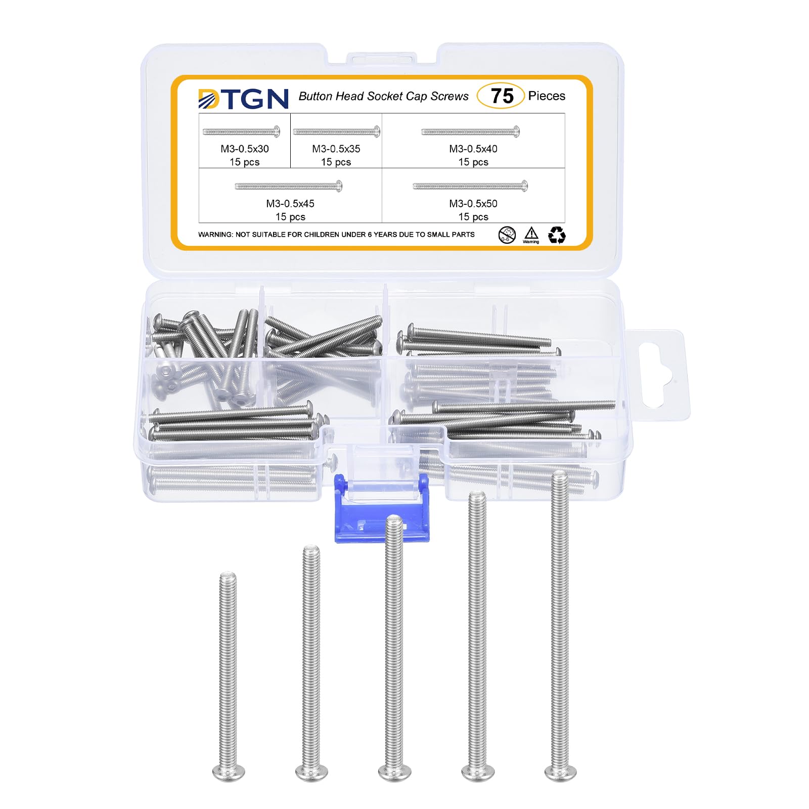 DTGN 75Pcs M3-0.5x30/35/40/45/50mm Button Head Socket Cap Screws - 304 Stainless Steel Bolt Nut Set Washer Assortment Kit - Good for Road Bicycle, Mountain Bike, Auto