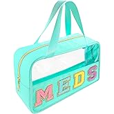 Bunliuys Chenille Letter Clear Makeup Bag Meds Patch, Travel Toiletry Makeup Bag with Handle, Nylon Waterproof Makeup Bags clear cosmetic bag, preppy patch makeup bag for Women (MEDS-Mint Green)