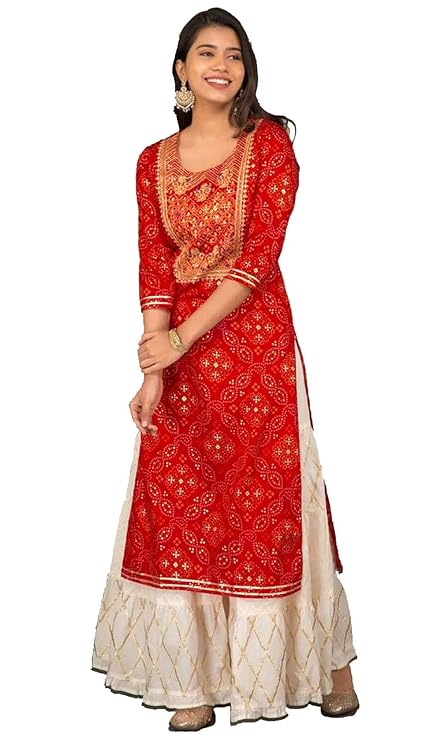 Women's Heavy Work Rayon Straight Kurti with Sharara Palazzo Dress - Large (40) - Red White