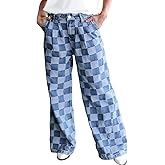 loveimgs Women Baggy Checkered Pants Patterned Denim Wide Leg Jeans Plaid Printed High Waisted Gingham Jeans