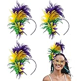 Aovaely 3 Pcs Mardi Gras 1920s Feathers Fascinator Headband for Women Girls, 50s Prom Queen Headpiece Accessories