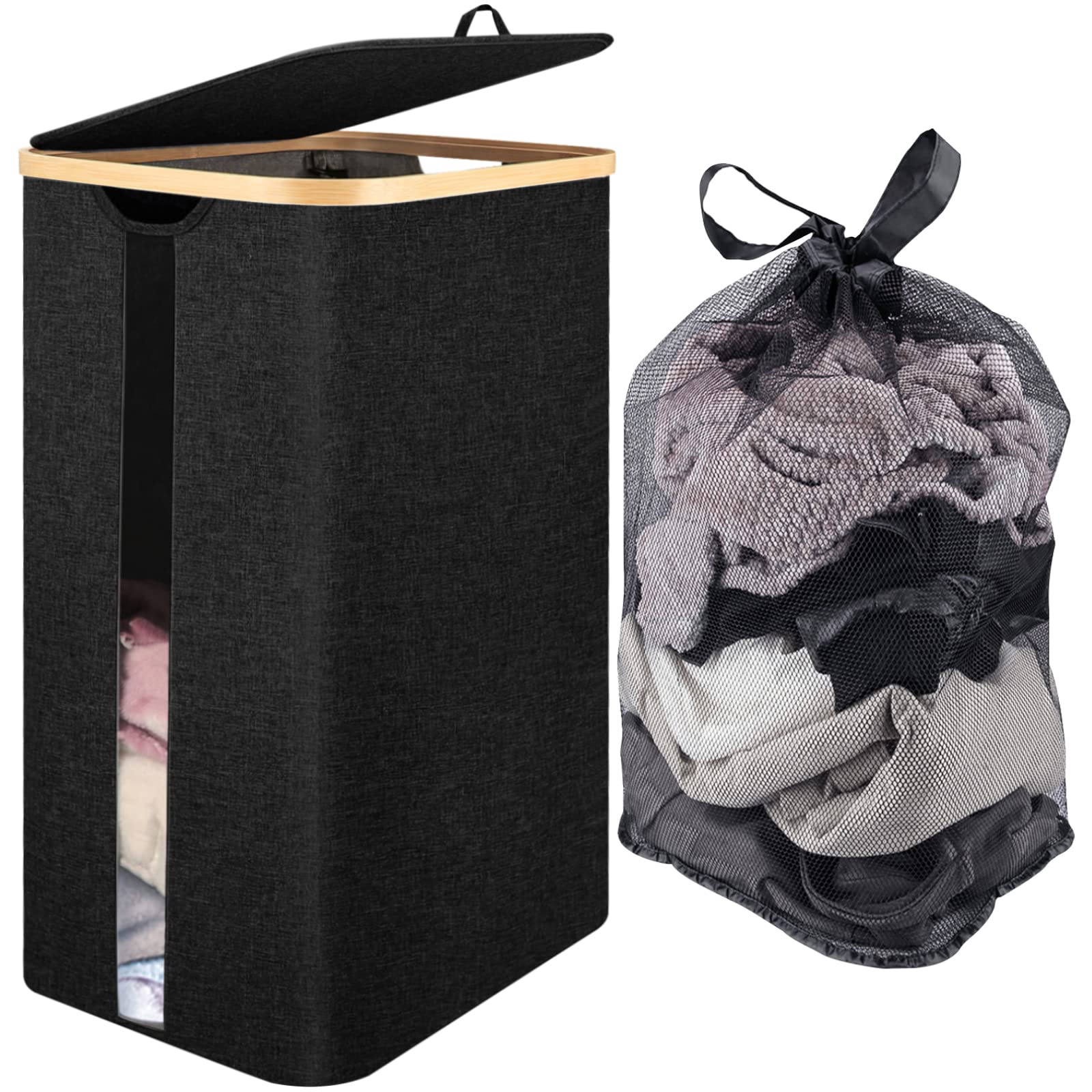 100L Laundry Basket with Lid, Clothes Hampers for Laundry with Bamboo Handles and A Removable Laundry Bag (87L Black)