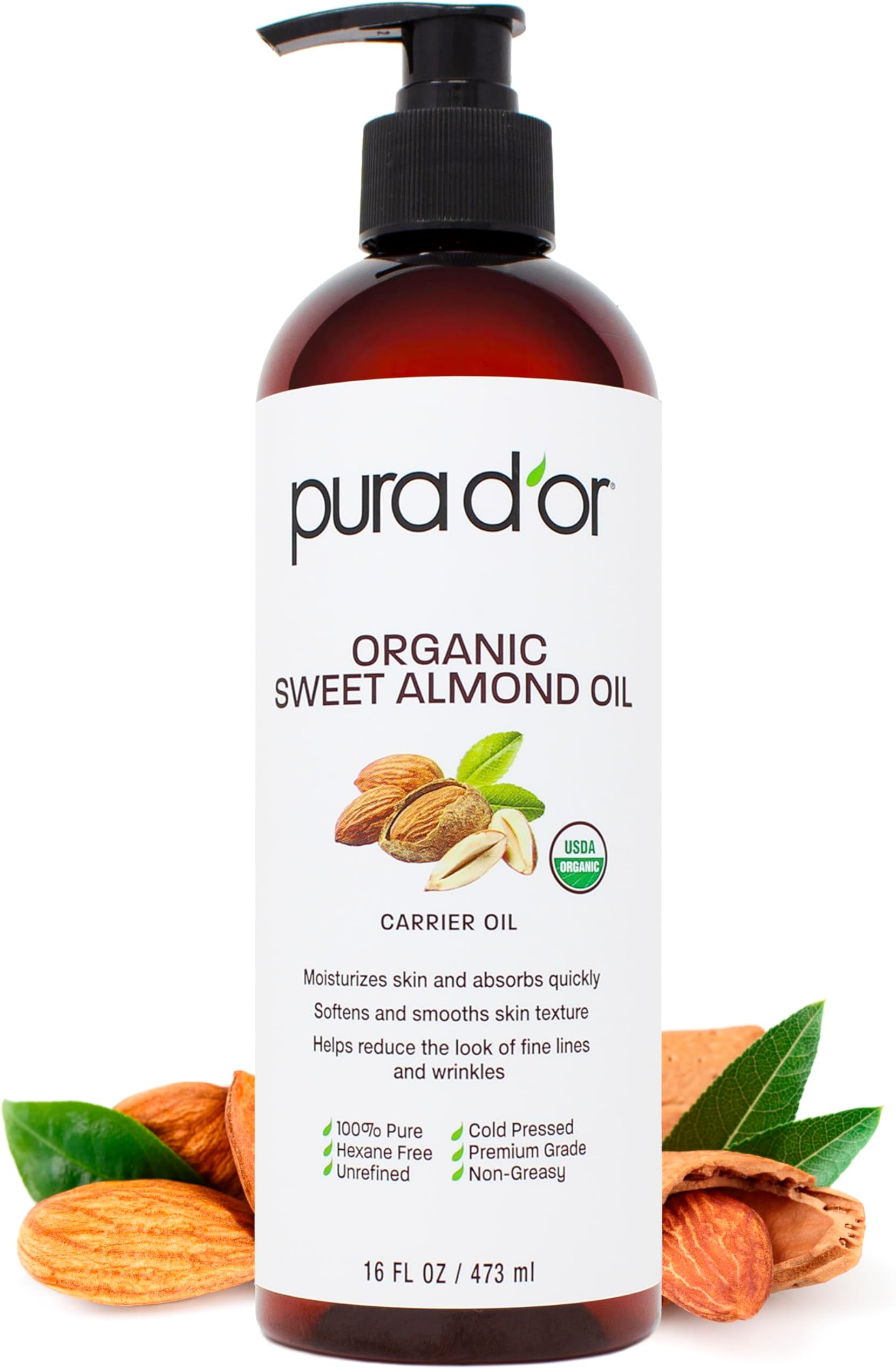 PURA D'OR 16 Oz Organic Sweet Almond Oil 100 Pure & Natural USDA
