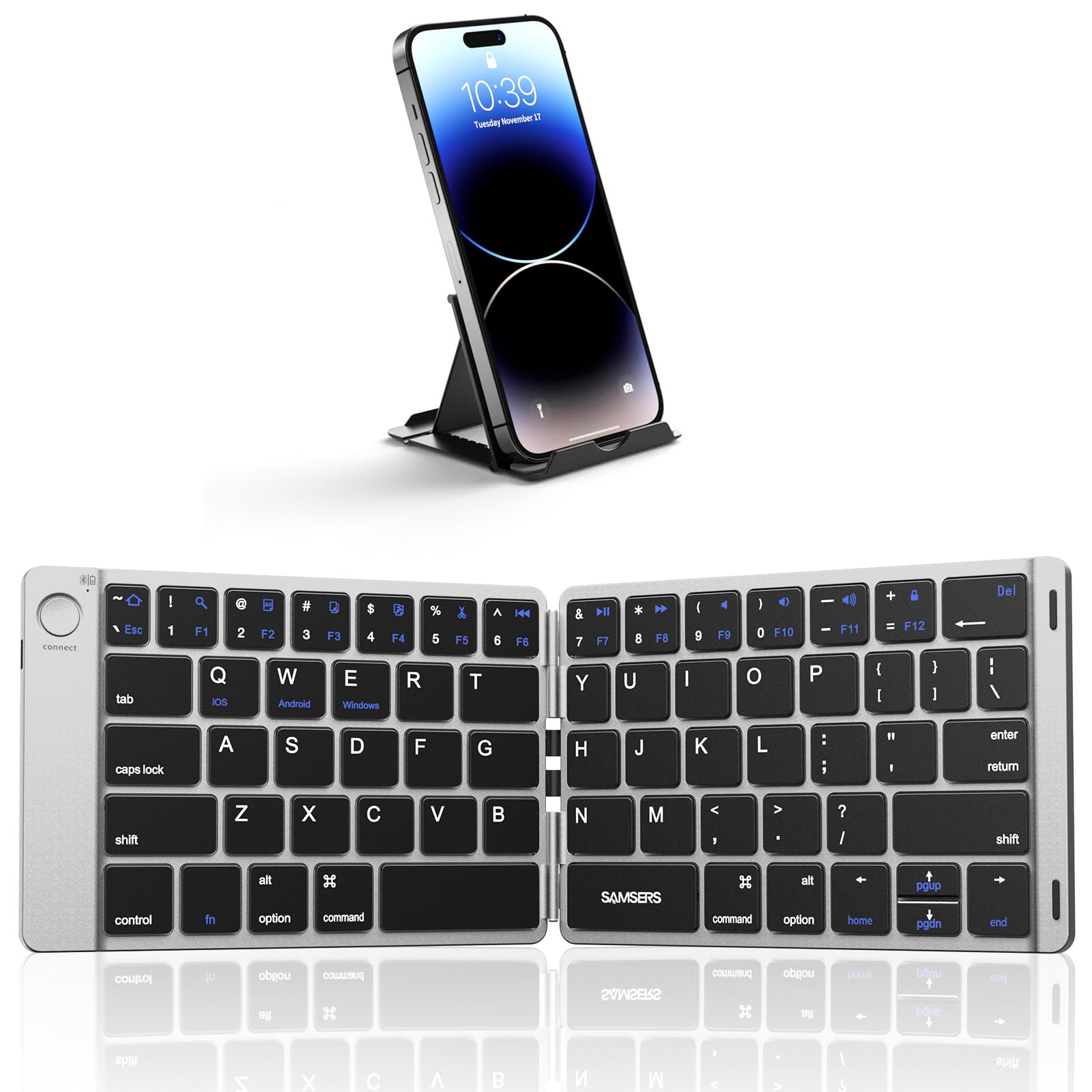 Photo 1 of Samsers Foldable Bluetooth Keyboard - Portable Wireless Keyboard with Stand Holder, Rechargeable Full Size Ultra Slim Folding Keyboards Compatible IOS Android Windows Smartphone Tablet & Laptop-Silver