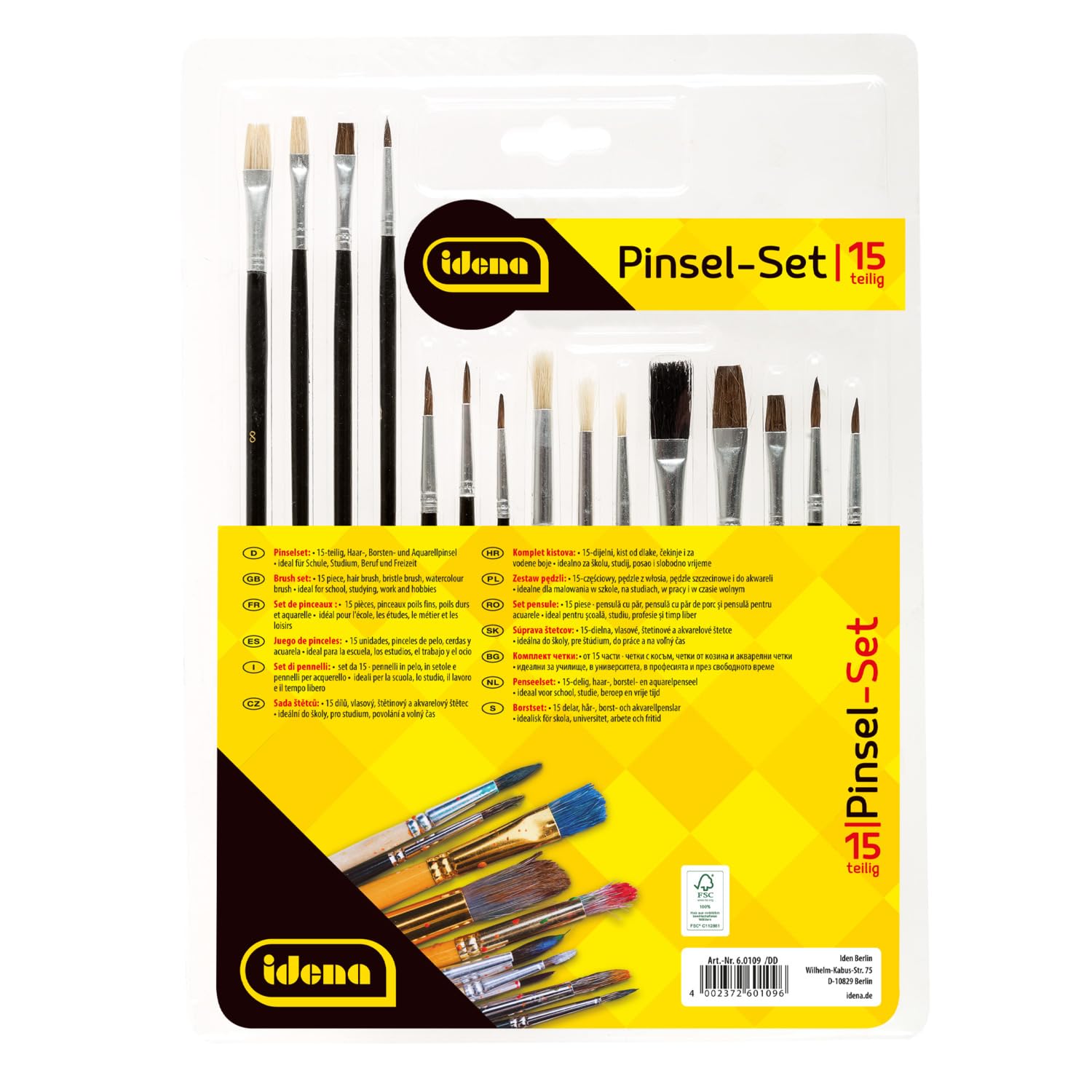 Idena 60109 - Brush Set, 15 Pieces, Various Types, Bristle Brush, Round Brush and Watercolour Brush