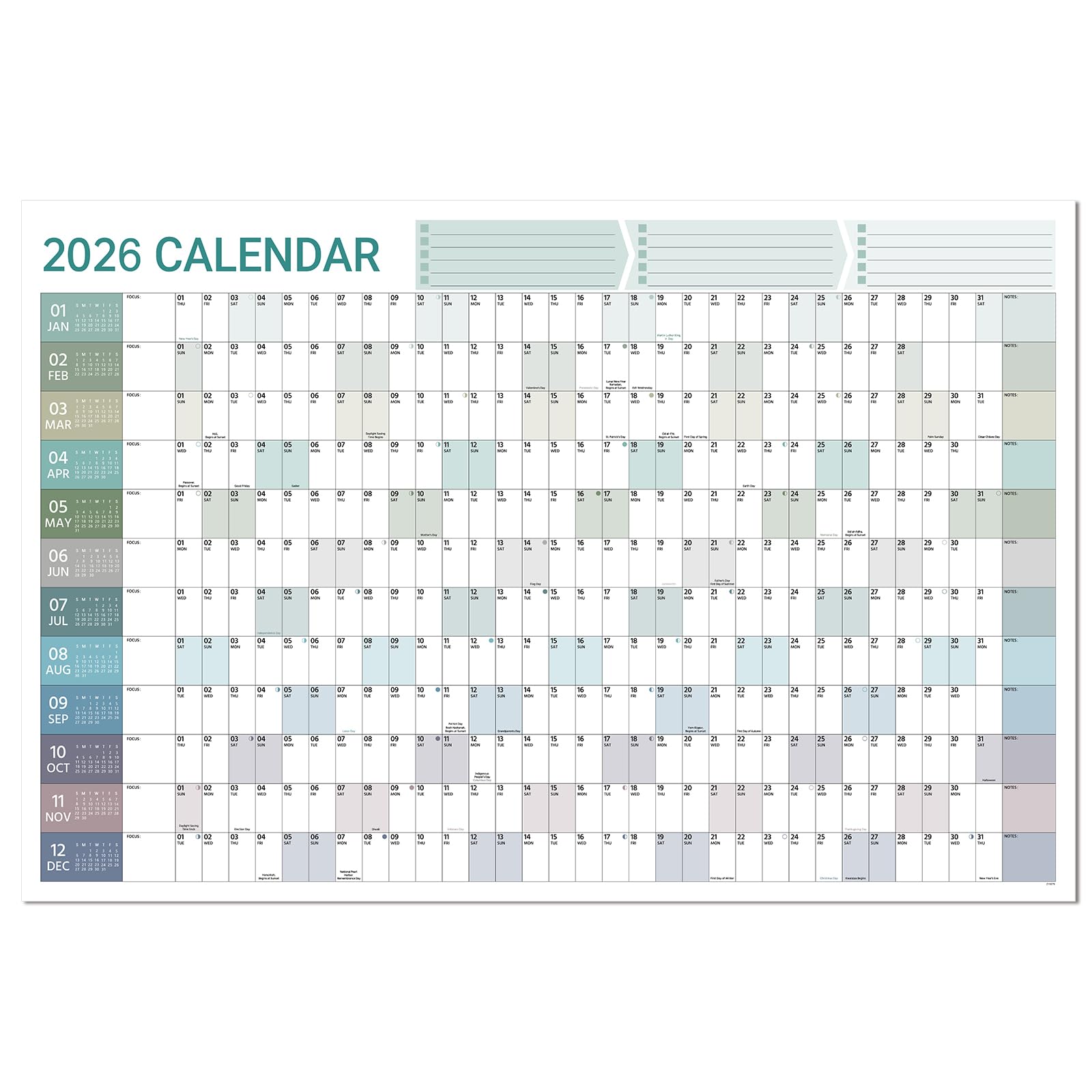 View 1 of 2026 Yearly Wall Calendar - 2026 Wall Calendar in One Page, January - December, 34.8'' x 23.1'', Thick Paper Folded, 2026 Yearly Calendars 12 Months with Round Stickers