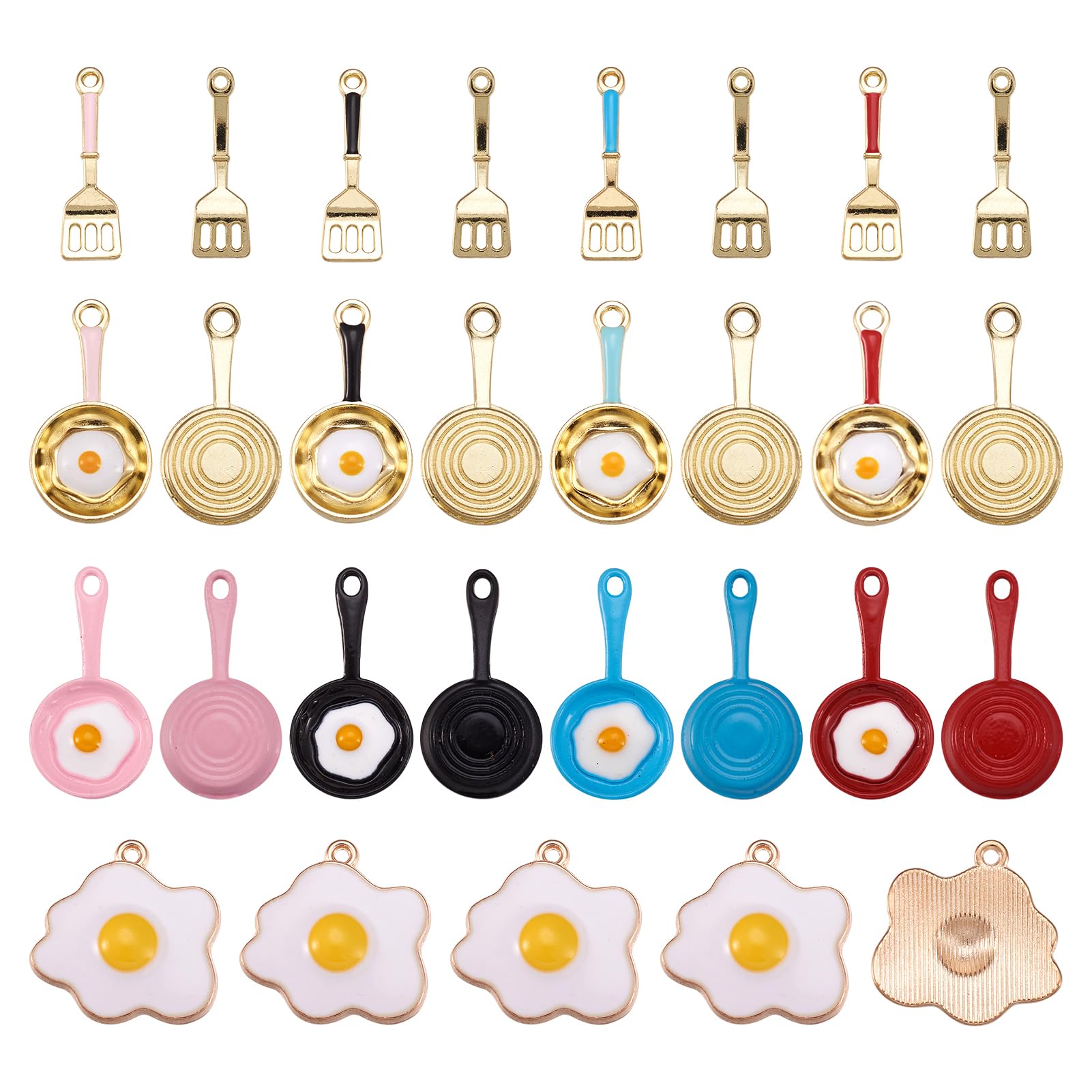 Craftdady 30pcs Fried Egg Breakfast Enamel Charms Frying Pan with Poached Egg & Cooking Shovel Dangle Pendants for Women Girl Earring Necklace Bracelet Making