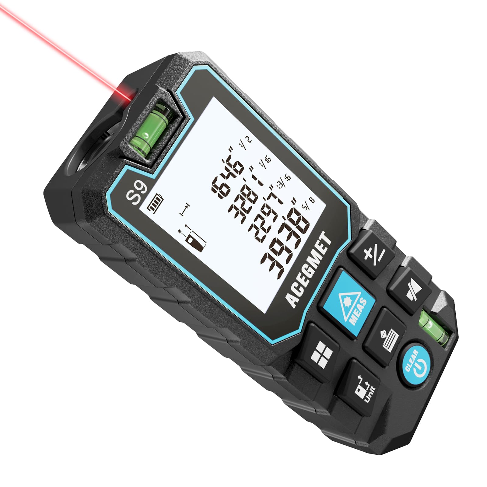 ACEGMET Laser Measure, 393ft/120m Laser Measurement Tool, Laser Measuring Tool with 2 Bubble Levels, LCD Backlit Display, IP54 Waterproof, Pythagorean Mode for Distance, Area, Volume Image