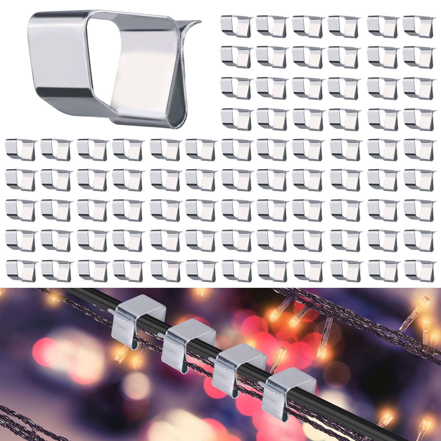 Gosknor 100pcs Christmas Lights Gutter Hooks, Galvanized Christmas Lights String Clips Easy Install Xmas Light Gutter Hanger Weatherproof Outdoor Seasonal Lighting Hooks for Xmas Halloween (Medium)