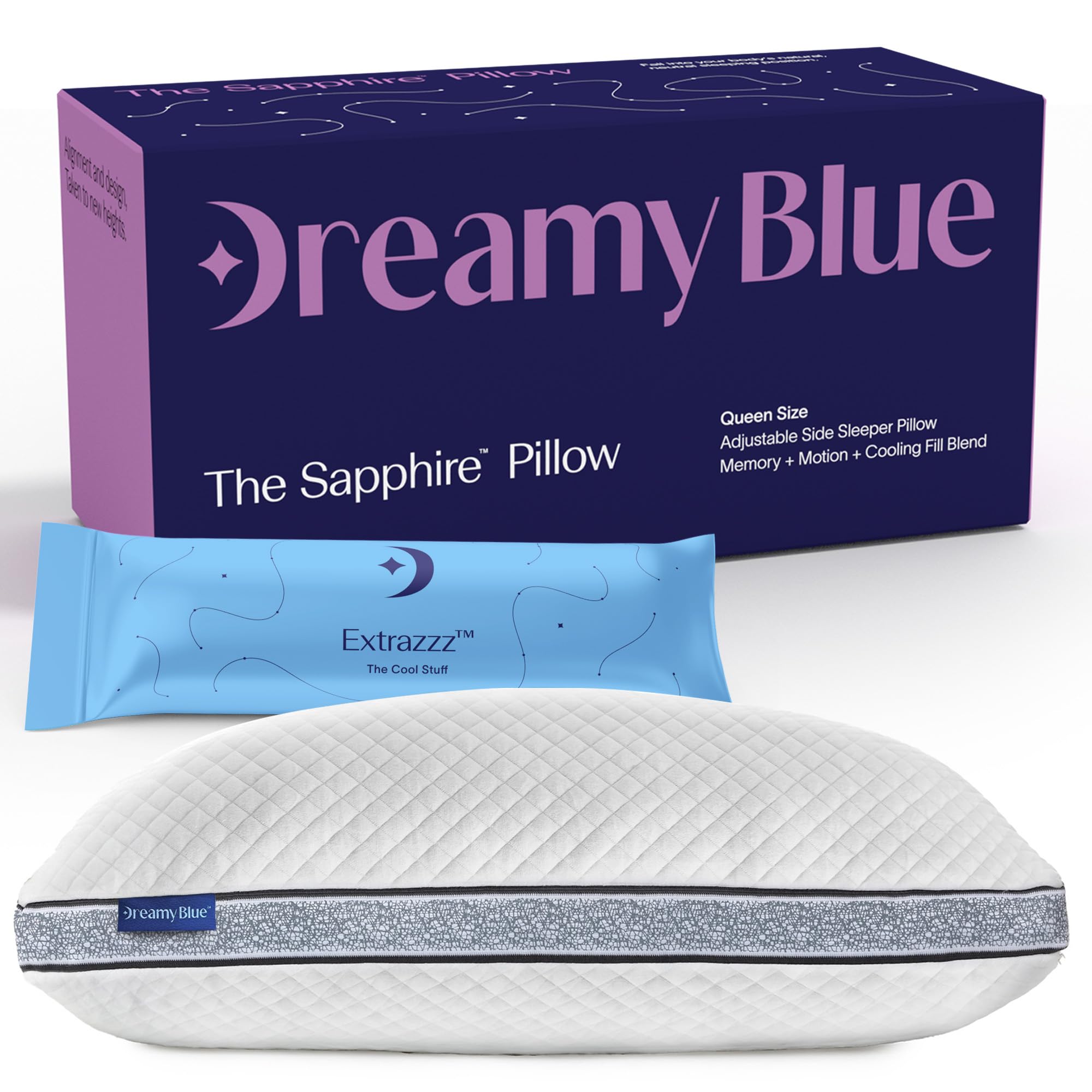 Photo 1 of **MINOR DAMAGE - USED**
DreamyBlue Gusseted Sapphire Pillow • Adjustable Loft, Luxury Cover, Shredded Memory Foam Fill w/Cooling Beads • Ideal for Wide Shoulders • Neutral Alignment for All • CertiPUR-US Certified (Queen)
