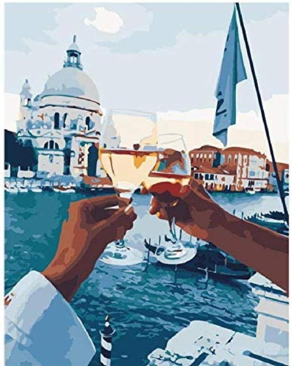 FBHYY Jigsaw Puzzle 1000 Pieces DIY Couple Drinking Champagne on The River with Brushes for Adults