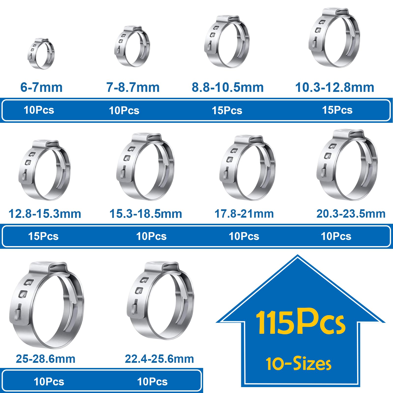 mxuteuk 115Stück ohrschellen 6-28.6mm Single Ear Schlauchschellen mit Ohr Klemmen Zange Crimp Schlauchschellen für Auto, Haus, Gerät, Rohr, Kraftstoffleitung Stufenlose Schlauchschelle mit 2