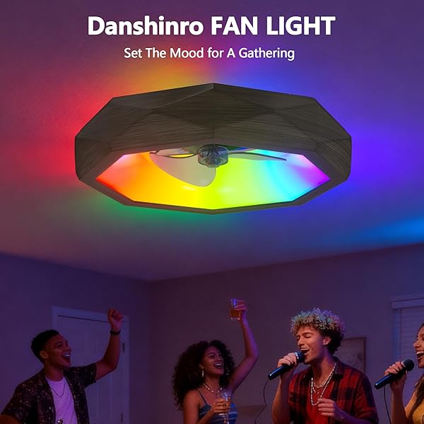 22″ LED CEILING FAN WITH LIGHTS AND REMOTE, RGB CEILING FAN WITH SMART APP/REMOTE CONTROL, BEDROOM FLUSH MOUNT CEILING FANS, WALNUT WOOD GRAIN BLADELESS CEILING FANS
