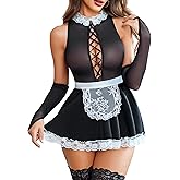 Avidlove Maid Lingerie for Women Sexy Halloween Costumes with Sheer Gloves Contrast Lace Cosplay Outfit