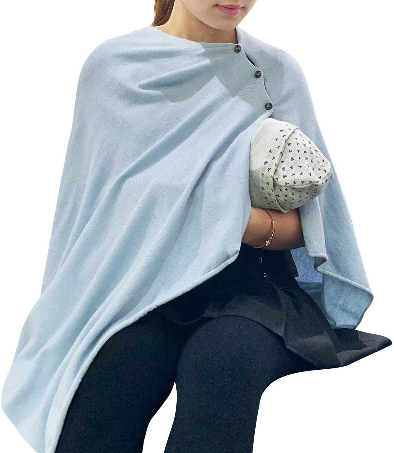 Nursing Cover Shawl for Full Privacy Breastfeeding Protection Knitted Nursing Poncho with Button