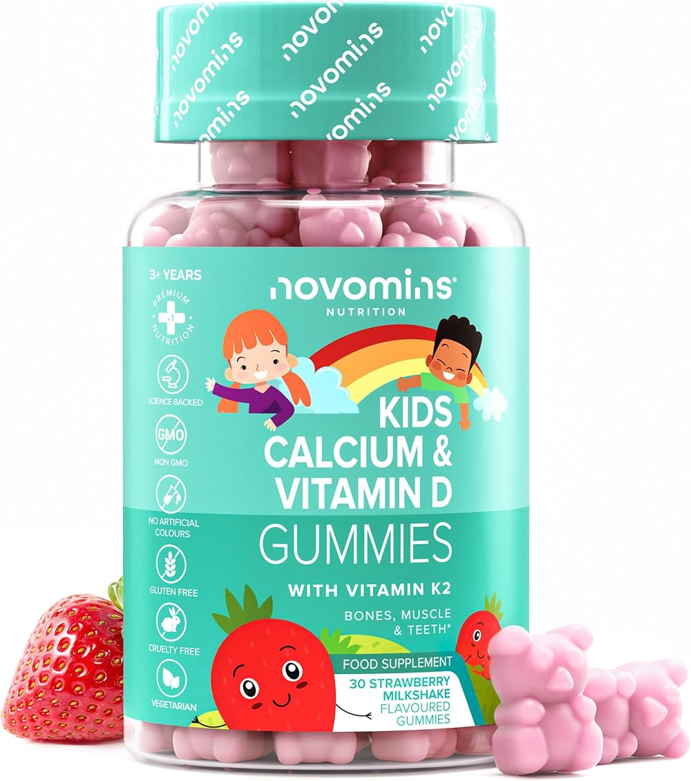 Novomins Kids Calcium Gummies 160 mg Vitamin D3 K2 Strawberry 30