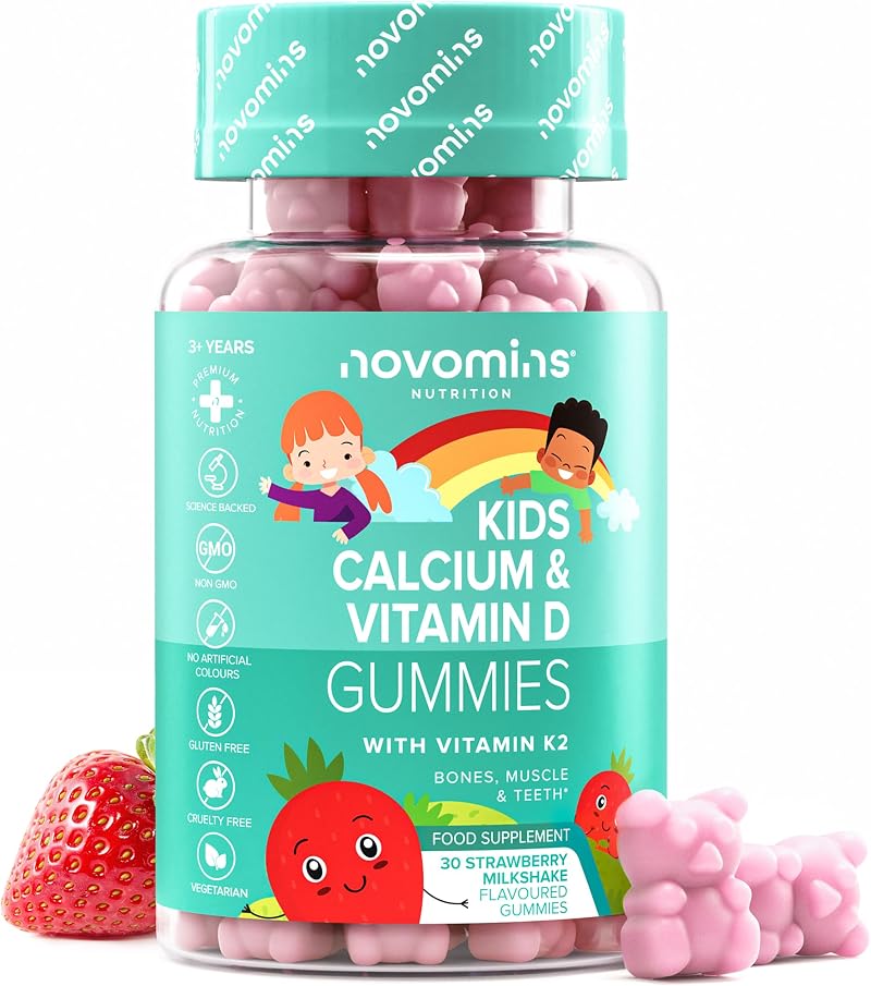 Novomins Kids Calcium Gummies 160 mg Vitamin D3 K2 Strawberry 30