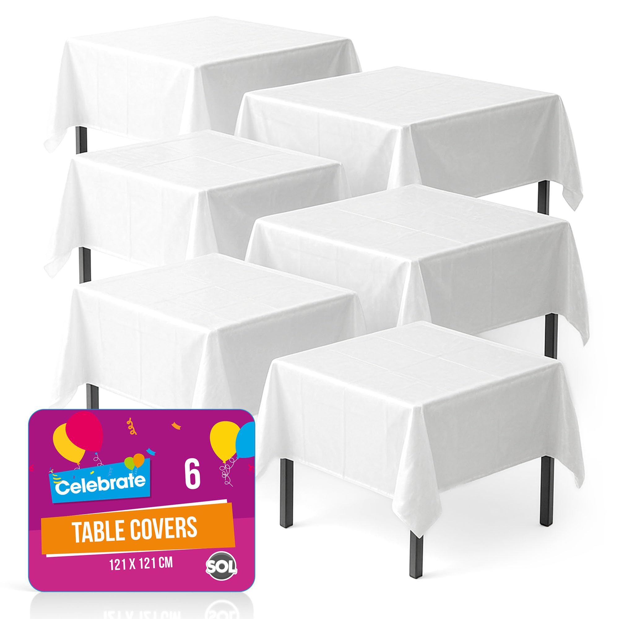 SOL 6pk Square White Table Cloth Party 121x121cm Plastic Cover Tablecloth Disposable for Parties - Thick Full Coverage Heavy Duty Spill Protection - For Supplies Decorations, Kids Birthdays, Weddings
