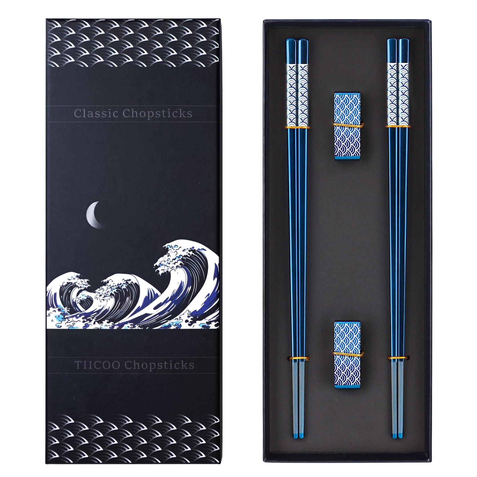 TIICOO Metal Chopsticks Reusable 2 Pairs Titanium Stainless Steel 18/8 Chopsticks with Holder, Dishwasher Safe Lightweight Korean Japanese Chinese Chop Sticks Gift Set(Blue)
