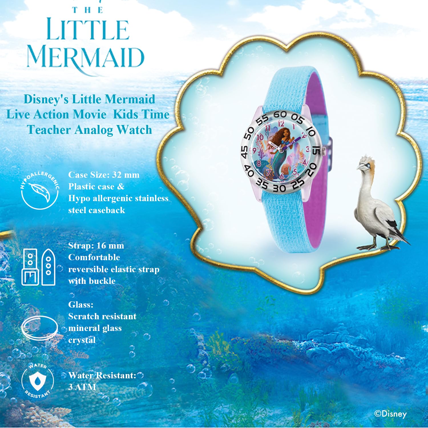 Disney Little Mermaid Watch for Girls Ages 4–7 Featuring Ariel Princess Gift for Kids Learning to Tell Time – Character Dial, Clear Bezel with Black Numbers, Blue Nylon Strap with Velcro