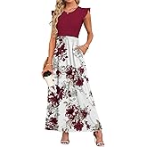 MISFAY Women's Ruffle Sleeve Maxi Dresses Casual Crewneck Long Dress with Pockets(Red Flower White,XL)