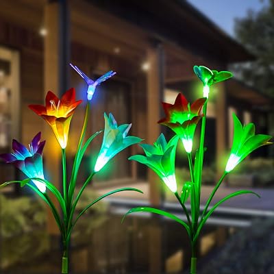 2-Pack Solar Stick Lights Outdoor, Colorful Butterfly & Hummingbird Garden Stakes, IP55 Waterproof Landscape LED Lamps For Patio, Yard, Walkway, Auto On/Off
