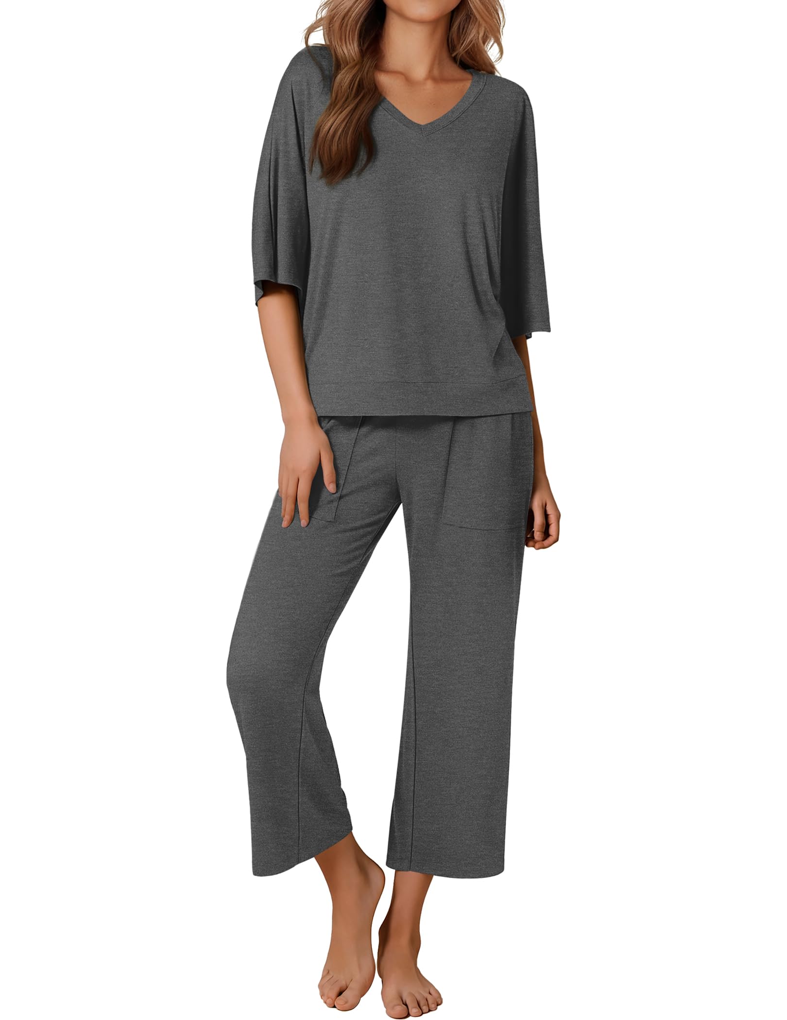 Photo 1 of Ekouaer Lounge Sets for Women Comfy Pajamas Set 2 Piece Outfits Short Sleeve Tops and Wide Leg Pants with Large Pockets Dark Gray SIZE 2 XL 