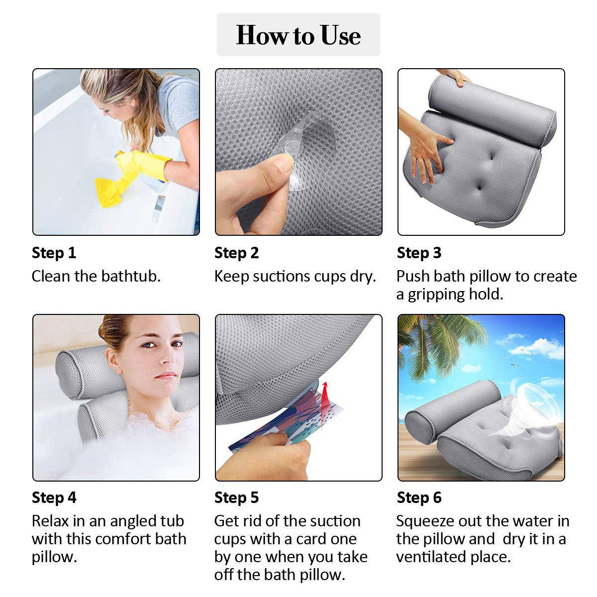 Essort Bathtub Pillow, Large Spa 3D Air Mesh Bath Pillow, Luxury Comfortable Soft Bath Cushion Headrest, for Head Neck Shoulder Support Backrest, Fits Any Size of Tubs, Jacuzzi (Gray) : Beauty