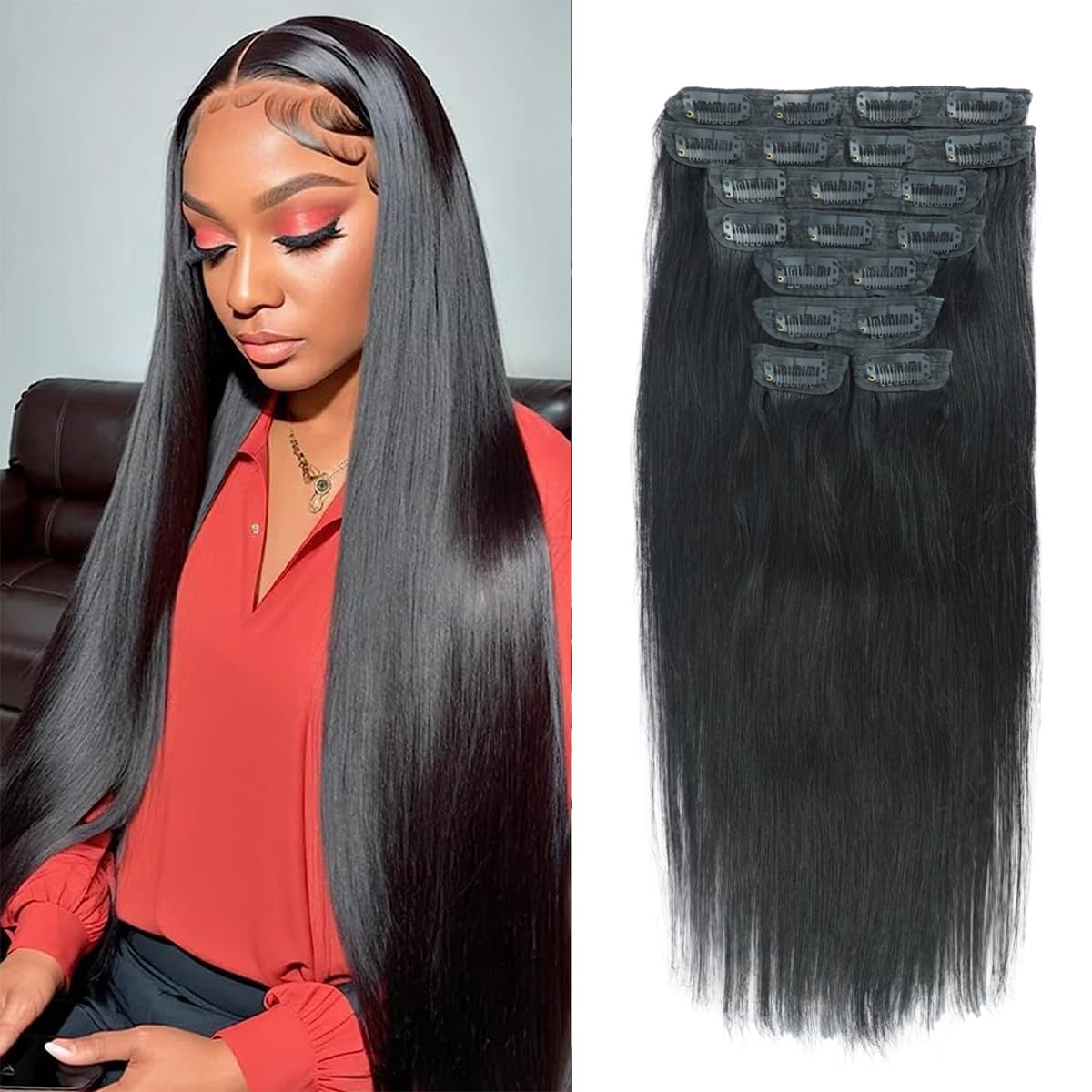 Straight Clip in Hair Extensions Real Human Hair, Remy Human Hair Extensions Clip ins for Women, Natural Human Hair, 1B Natural Black 14 inch โ image 1