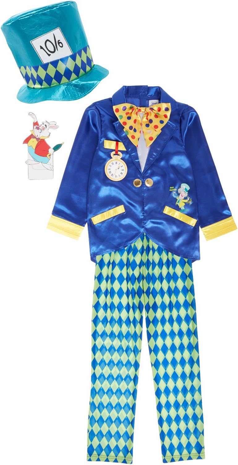 Officially Licensed Disney's Alice in Wonderland Mad Hatter fancy dress up Age 7-8yrs with Top Hat, Bow Tie Watch & White Rabbit Made by Disney for TU Collection
