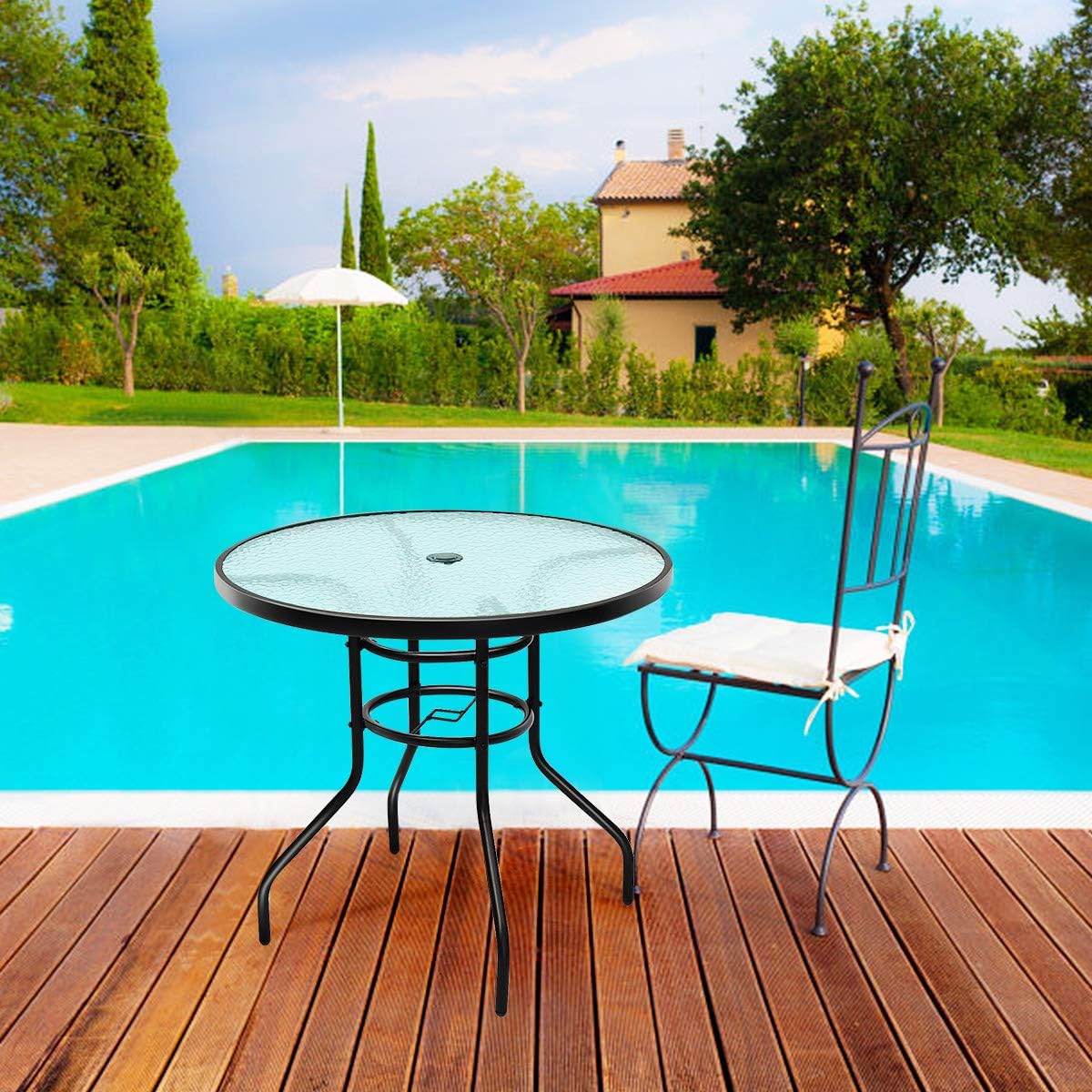Tangkula 32" Outdoor Patio Table Round Steel Frame Tempered Glass Top Commercial Party Event Furniture Conversation Coffee Table for Backyard Lawn Balcony Pool with Umbrella Hole: Kitchen & Dining