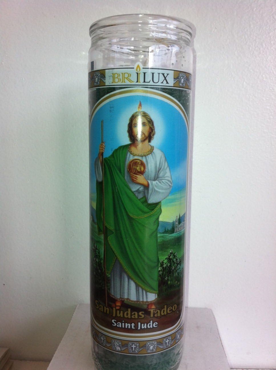 Saint Jude (San Judas Tadeo) Unscented Green Pillar Candle in Glass