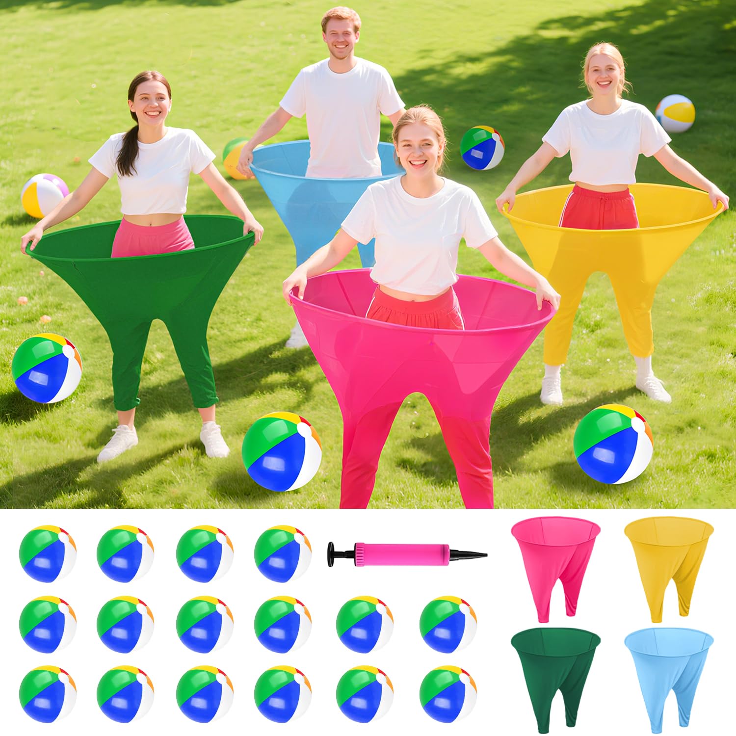 FUHSY Grandma Pants Outdoor Game 4 PCS Fun Party Game Pants with 16 Bouncy Balls and 1 Air Pump (Random Colors) Granny Pants Outdoor Games for Adults and Family Entertainment Group Activities