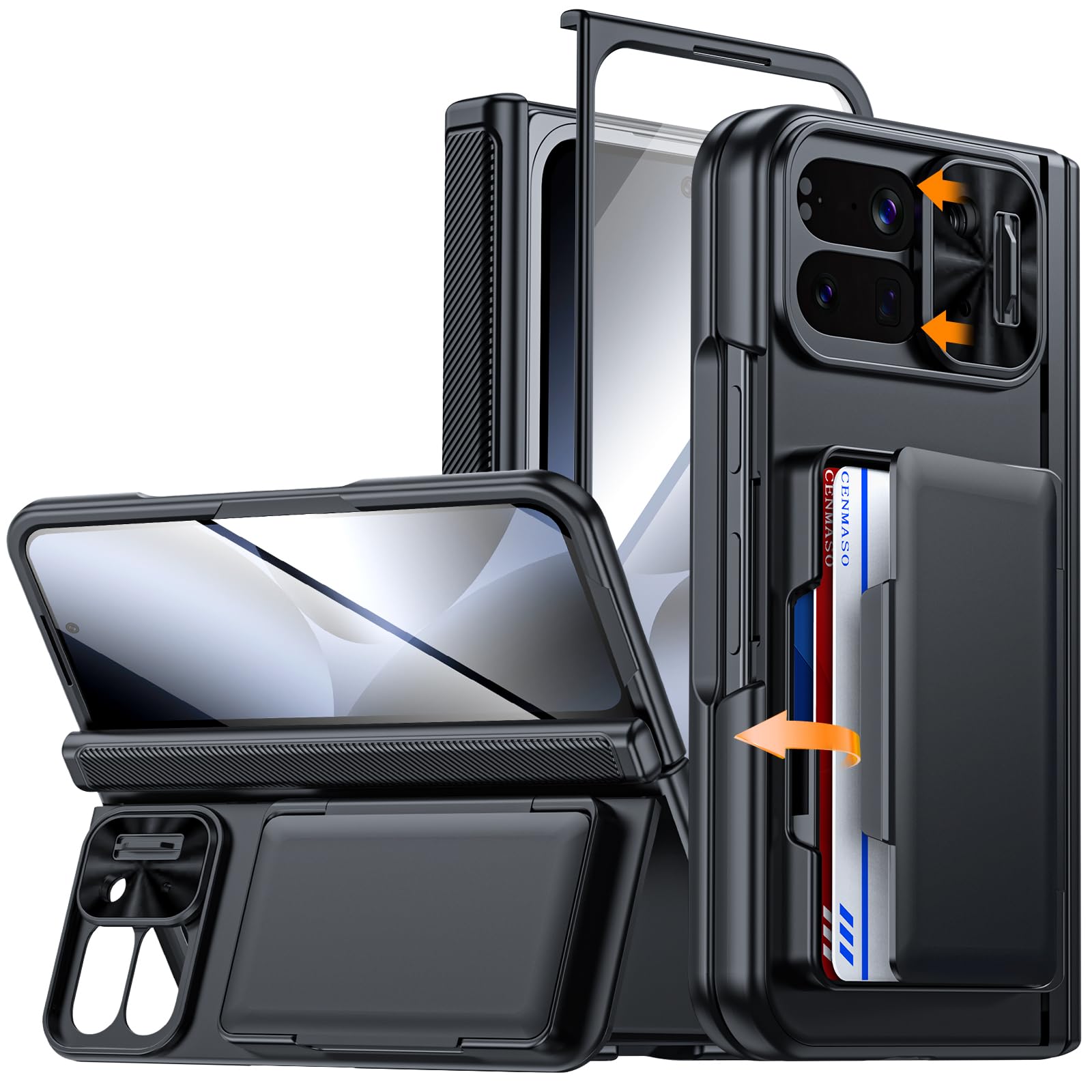 CENMASO for Google Pixel 10 Pro Fold Case with Card Holder [RFID Blocking] Camera Cover, Hinge Protection, Hidden Kickstand, Screen Protector, Slim Shockproof Phone Case for Pixel 10 Pro Fold (Black)